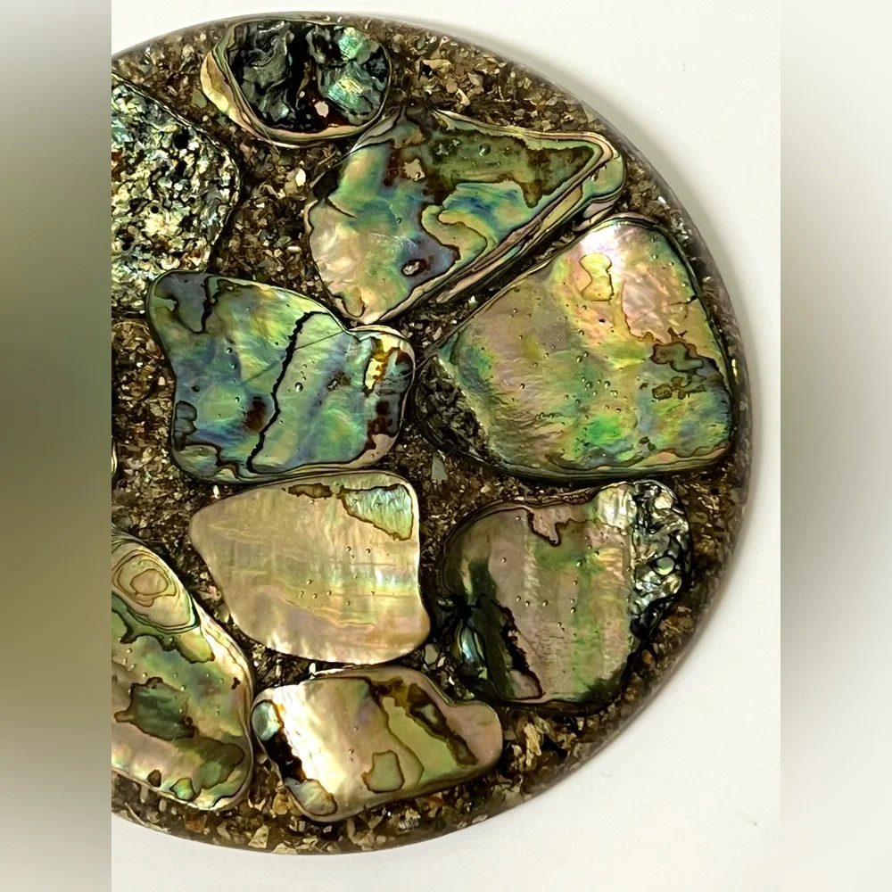 Plympton's Abalone Shell Mother of Pearl Lucite Acrylic Round Trivet 5.5 in USA